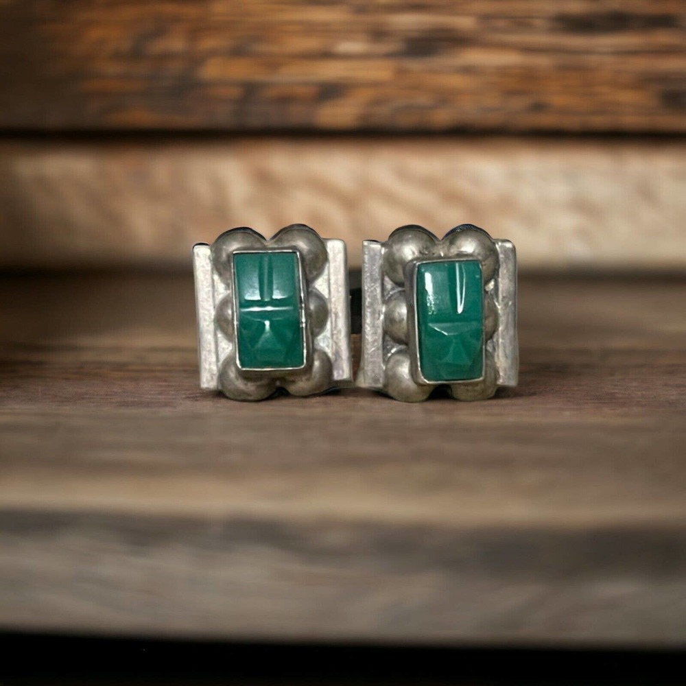Vintage Marked Silver Carved Green Stone Earrings Screw Back Bubble Square